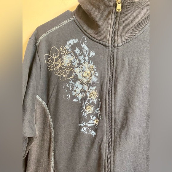 St Johns Bay Sweatshirt Jacket XL Blue Floral Open Front Zipper Long Sleeve - Picture 2 of 7